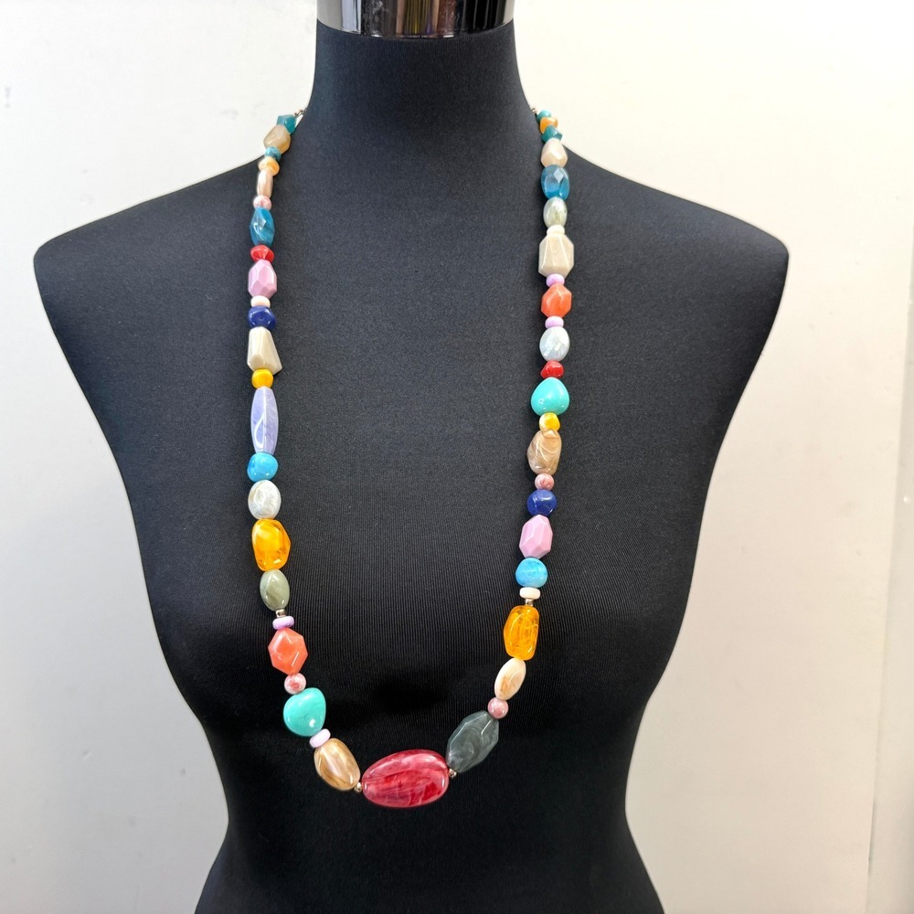 VTG C1946 Colorful Acrylic Beaded Statement Necklace Chunky Boho Gold Tone 17 in